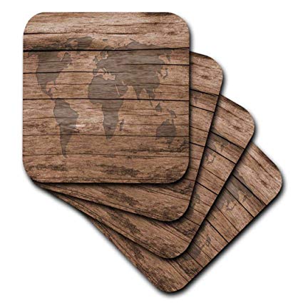 3dRose CST_205047_2 Print of Map of World on Wood Soft Coasters, (Set of 8)