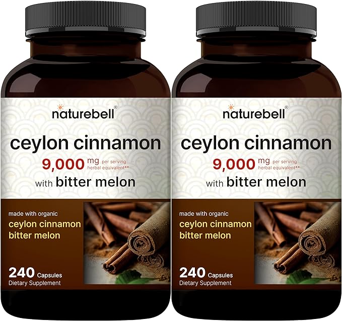 NatureBell 2 Pack Ceylon Cinnamon 9000mg Per Serving, 480 Capsules, Made with Organic Ceylon Cinnamon Plus Bitter Melon, Non-GMO