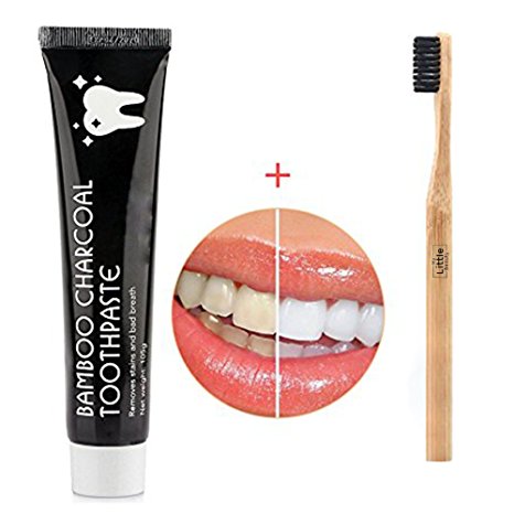 MY LITTLE BEAUTY Bamboo Charcoal Toothbrush and Toothpaste Kit - Natural Active Teeth Whitening Paste - Mint Flavor - 3.7oz