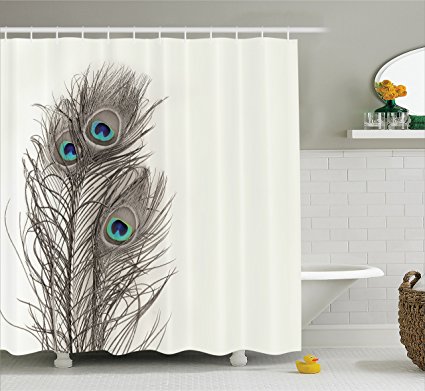 Natural Peacock Tail Feathers with Eyes Home Designers Selection Decorative Item Pearl Ivory Bathroom Art Digital Print Polyester Fabric Shower Curtain White Gray Turquoise