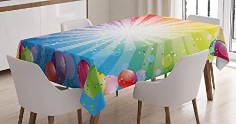 Ambesonne Birthday Tablecloth, Pattern of Striped Backdrop with Balloons Dots Celebration Birthday, Dining Room Kitchen Rectangular Table Cover, 60" X 84", Blue Red