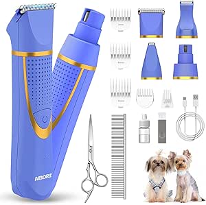 Small Dog Grooming Kit, 4 in 1 Electric Cordless Dog Paw Trimmer with Nail Grinder, Low Noise Dog Nail Trimmers, IPX7 Waterproof Small Dog Grooming Clippers for Paws, Ears, Face, Hip Hairl