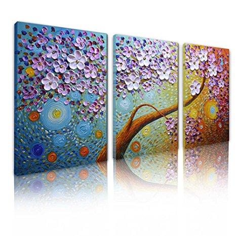 Asdam Art-(100% Hand painted 3D) Floral Paintings On Canvas Horizontal Large Wall Art For Living Room Bedroom 3 Panels Oversizie Artwork (20x30x3inch)