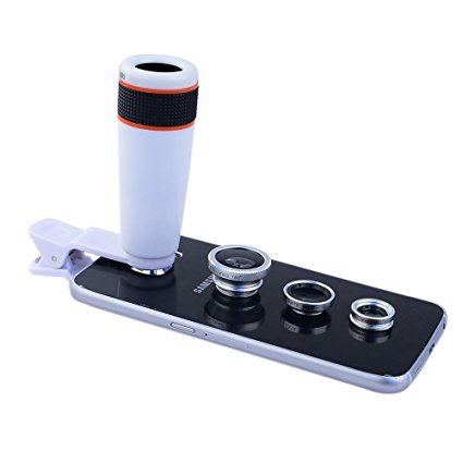 Apexel Universal Camera Lens Kit including 12x ABS Telephoto Lens/ Wide Angle Lens/ Macro Lens /Fisheye Lens / Phone Holder for iPhone iPad Samsung HTC Phones Tablets White