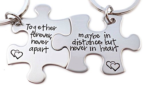 Together Forever Never Apart Maybe In Distance, But Never In Heart Puzzle Piece Keychain Set of 2 - Hand Stamped Key Chain