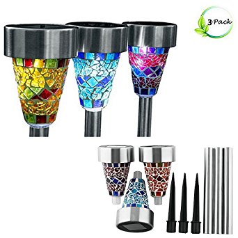 3pcs waterproof Stainless Steel Solar glass Mosaic Decoration Stake Light ,Led lights With 3 Color Mosaic Lampshade, Color changing Decoration for Outdoors