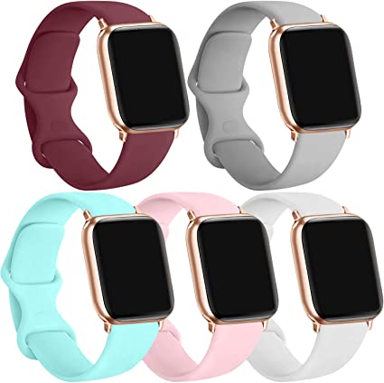 [5 Pack] Silicone Bands Compatible for Apple Watch Bands 42mm 44mm, Sport Band Compatible for iWatch Series 6 5 4 3 SE, Wine red/Gray/Light Blue/Pink/White, 42mm/44mm-S/M