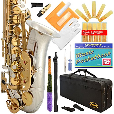 Lazarro 360-2C E-Flat Eb Alto Saxophone Silver-Gold Keys with Case, 11 Reeds, Care Kit and Many Extras