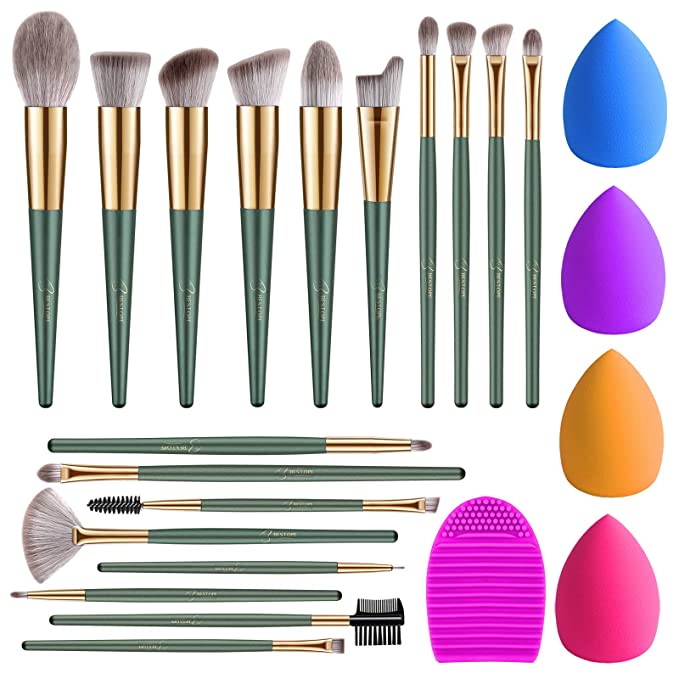 BESTOPE 18Pcs Makeup Brushes Set, 4Pcs makeup Sponge Set and 1 Brush Cleaner, Premium Synthetic Foundation Make Up Brushes Kit Green Conical Handle