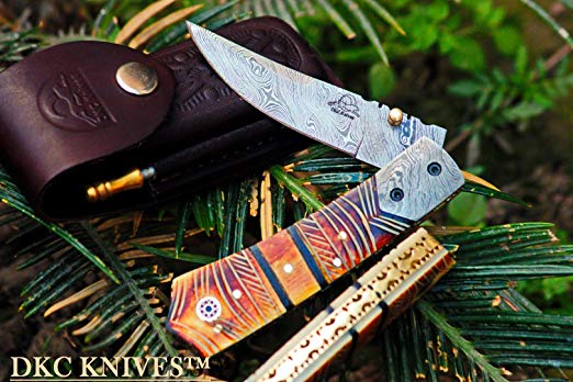 DKC Knives (121 5/18) DKC-136 Chief Damascus Steel Folding Pocket Knife 4.5" Folded 8" Open 7.3oz 3" Blade High Class Looks Incredible Feels Great in Your Hand Quality Knife