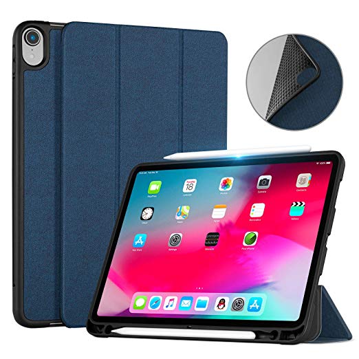 Ayotu Case for iPad Pro 11 Inch 2018 with Apple Pencil Holder[Support Apple Pencil Charging],Slim Lightweight Trifold Stand Case, Auto Sleep/Wake, Soft TPU Back Cover for iPad Pro 11 Inch 2018,Blue