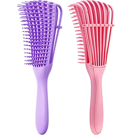 2 Pieces Detangling Brush for Afro America/African Hair Textured 3a to 4c Kinky Wavy/Curly/Coily/Wet/Dry/Oil/Thick/Long Hair, Knots Detangler Easy to Clean (Pink, Purple)