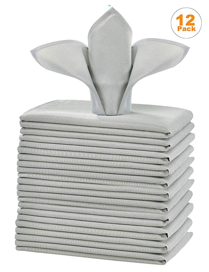 Cieltown Polyester Cloth Napkins 1-Dozen, Solid Washable Fabric Napkins Set of 12, Perfect for Weddings, Parties, Holiday Dinner (17 x 17-Inch, Silver)