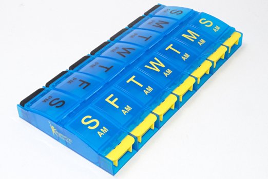 Survive Vitamins 7 Day AM PM Pill Organizer is a Push Button Pill Box in Translucent Blue Color Pill Case