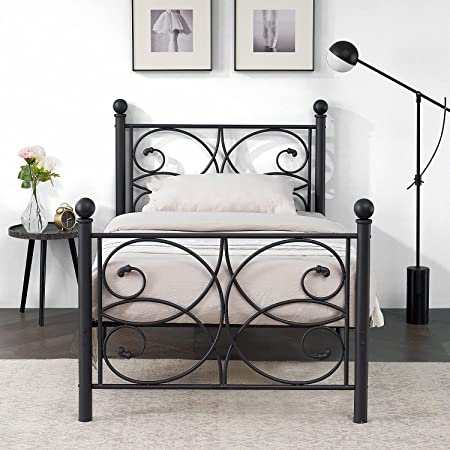 VECELO Metal Twin Size Bed Frame with Headboard and Footboard, Iron Mattress Foundation No Box Spring Needed, Heavy Duty/Easy Set Up, Black