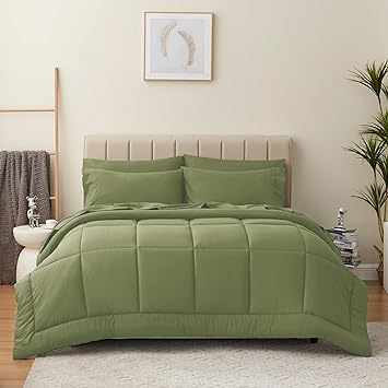 CozyLux Queen Comforter Set - 7 Pieces Bed in a Bag Set Olive Green, Bedding Sets Queen with All Season Quilted Comforter, Flat Sheet, Fitted Sheet, Pillowcases, Olive Green, Queen