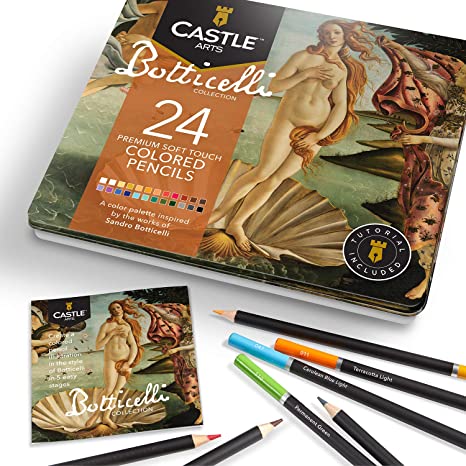Castle Arts Themed 24 Colored Pencil Set in Tin Box, perfect ‘Botticelli’ inspired colors. Featuring, smooth colored cores, superior blending & layering performance for great results