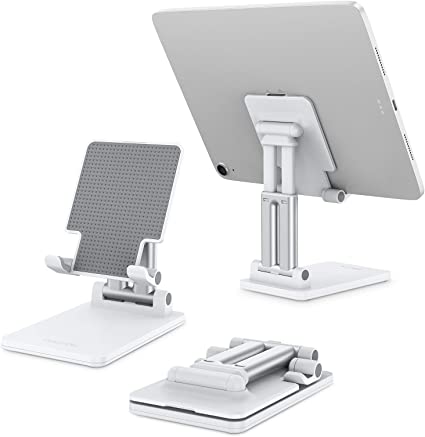 OMOTON Tablet Stand Foldable TA01 Desktop Stand, Height Angle Adjustable Aluminum Tablet Holder Cradle Dock Compatible with iPad, Samsung Tabs and Other Devices (Up to 12.9") (White)