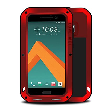 HTC 10 Case,Perstar waterproof Shockproof Dust/Dirt/Snow Proof Aluminum Metal Gorilla Glass Protection Case Cover for HTC 10 (2016) (Red)