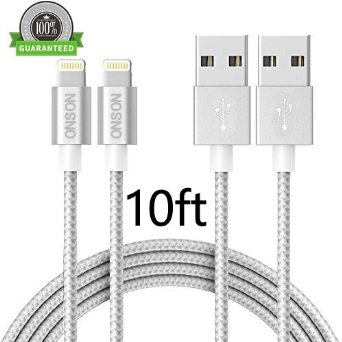ONSON Lightning Cable,2Pack 10FT Extra Long Nylon Braided Charging Cord Data Sync Cable for iPhone 6/6S/6 Plus/6S Plus,5/5S/5C/SE,iPad Air/iPad Mini/iPad Air Pro,iPod touch and more (Silver Gray)
