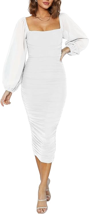 MASCOMODA Women's 2023 Long Puff Sleeve Ruched Midi Bodycon Dress Sexy Mesh Wedding Guest Cocktail Dresses