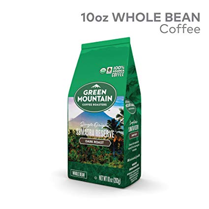 "Green Mountain Coffee Sumatra Reserve, Fair Trade Certified Organic, Whole Bean Coffee, Dark Roast, Bagged 10oz. "
