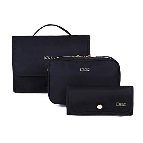 ECOSUSI Travel Makeup Bag Hanging Toiletry Bag 3-in-1 Foldable Cosmetic Carryon Case, Black