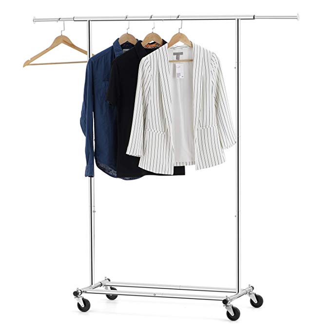 Bextsware Clothes Garment Rack, Extendable Collapsible Clothing Storage Shelf Rolling Rack on Wheels with Adjustable Clothes Rack Hanging Rail, Commercial Grade Rack Holds up to 150 lbs, Chrome