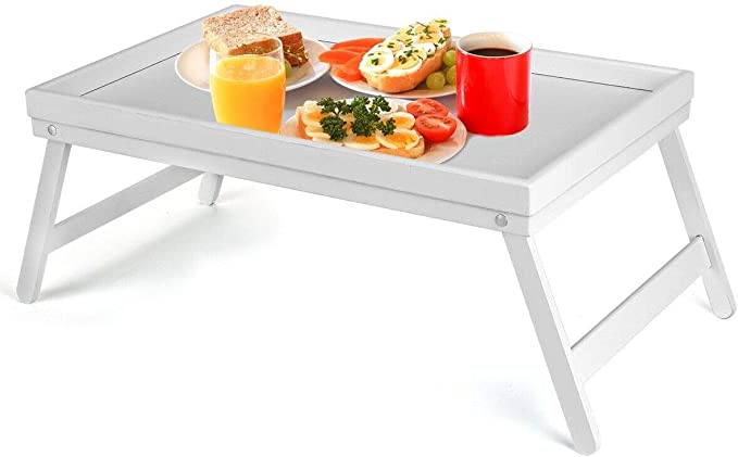 Vencier Bamboo Bed Tray, Folding Legs, Raised Edge, for Breakfast in Bed and Serving, HWD: 22x64x31cm, White (White)