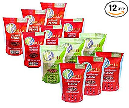 Bentilia Gluten-Free Lentil Pasta Mixed Case, 12 Pack - Red Lentil Penne, Rotini & Elbow, Green lentil Elbow, 8 oz bags, 3 of each; 100% Natural, Low Glycemic Index, High Protein & Fiber, Non-GMO