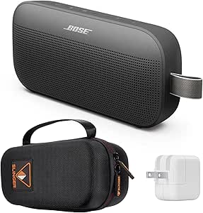 Bose New SoundLink Flex Portable Bluetooth Speaker (2nd Gen), Outdoor Speaker with Hi-Fi Audio, Up to 12 Hours Battery, Waterproof and Dustproof, with Slinger Hard Travel Case & USB Plug (Black)