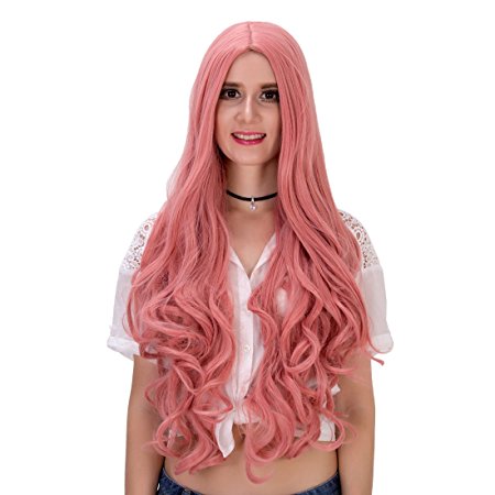 Aosler 32" Wig Heat Resistant Women Long Curly Hair No Bangs Wigs for Cosplay,Costume Party,Halloween (Pink)