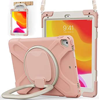 BATYUE iPad 9.7 inch Case for 2018 iPad 6th Gen/ 2017 iPad 5th Gen, iPad Air 2/ iPad Pro 9.7'', Shockproof Protective Rugged Cover with Pencil Holder & Rotating Bracket & Shoulder Strap(Rose Gold)