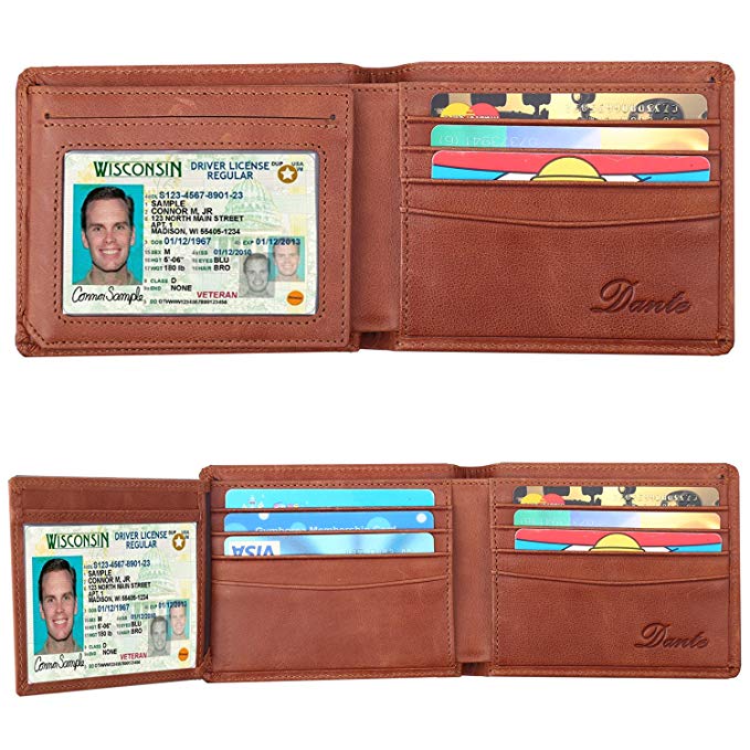 RFID Blocking Cowhide Leather Wallet for Men with 2 ID Windows(Brown)