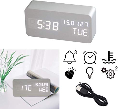 OFLILAK Wooden Digital Alarm Clock, 3 Levels Adjustable Brightness and Voice Control, Display Time Week Temperature Date for Bedroom Office Home(White)