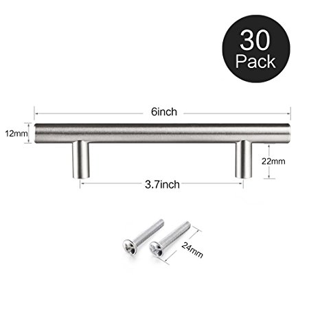 12MM Stainless Steel, Bar Handle Pull: Fine-Brushed Satin Nickel Finish | Kitchen Cabinet Hardware / Dresser Drawer Handles (6 inches, Pack of 30)