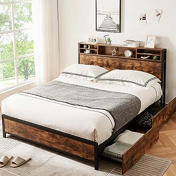 LAGRIMA Full Bed Frame w/ Storage Headboard & 4 Drawers，Bookcase Headboard w/ 5 Shelf，Mattress Foundation w/ Metal Slat Support，No Box Spring Needed，Easy Assembly (Full)，Vintage Brown (T-B836)