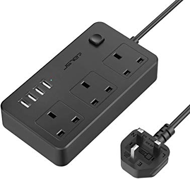 JSVER Extension Lead with 4 USB Ports(5V/3.1A) 3 Way Desktop Power Strip USB Charging Station UK Socket Surge Protecter with 2 Meter Cord for Home Travel, Black