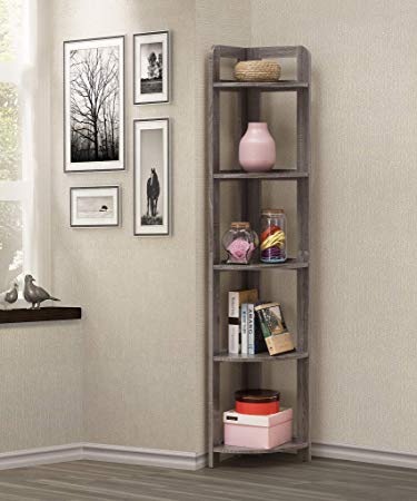 eHomeProducts Weathered Grey Finish 5-Tier Wood Wall Corner Bookshelf Bookcase Accent Etagere