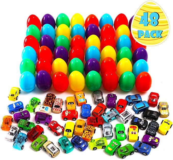 48 Packs Easter Eggs Filled with 48 Assorted Pull Back Race Cars for Kids Easter Egg Hunt Games, Cute Pull Back Vehicle Toys For Easter Basket Stuffers, Carnivals School Supplies and Gift Exchange