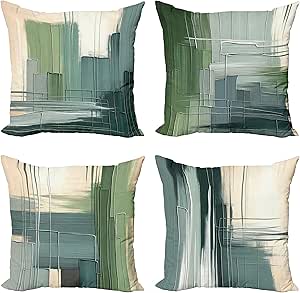 Ambesonne Abstract Throw Pillow Cushion Cover Set of 4, Contemporary Brushstroke Painting Surreal Forms in Dramatic Colors, Decorative Accent Double-Sided Printing, 18", Peach Grey Teal and Green