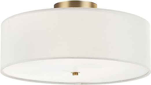 Globe Electric 60998 Kyle 2-Light Flush Mount Ceiling Light, Matte Brass, White Linen Shade