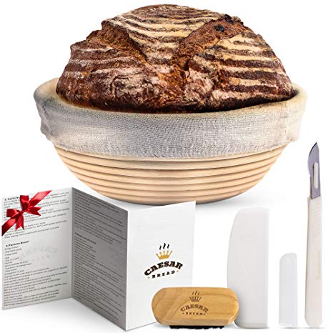 Banneton Bread Proofing Basket By Caesar Bread, 9 Inch Round Sourdough Brotform For Rising Dough Set, Include Cloth Liner, Scraper, Bread Lame, Brush & Recipe Book For Beginners & Professional Bakers