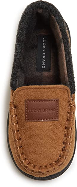 Lucky Brand Boy's Micro-Suede Moccasin Loafer Slippers with Plaid Lining