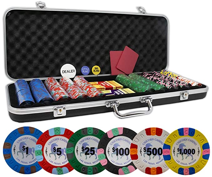 DA VINCI Unicorn All Clay Poker Chip Set with 500 Authentic Casino Weighted 8.5 Gram Chips, Black ABS Case, 2 Decks of Plastic Playing Cards, Dealer Buttons and 2 Cut Cards