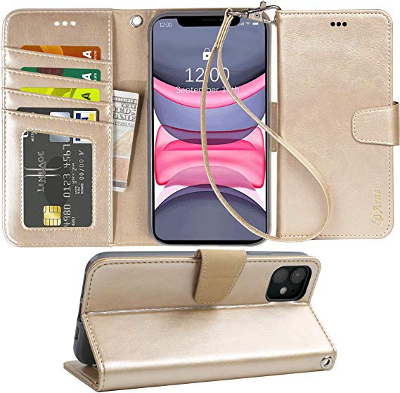 Arae Case for iPhone 11 PU Leather Wallet Case Cover [Stand Feature] with Wrist Strap and [4-Slots] ID&Credit Cards Pocket for iPhone 11 6.1 inch 2019 Released (Champagne Gold)