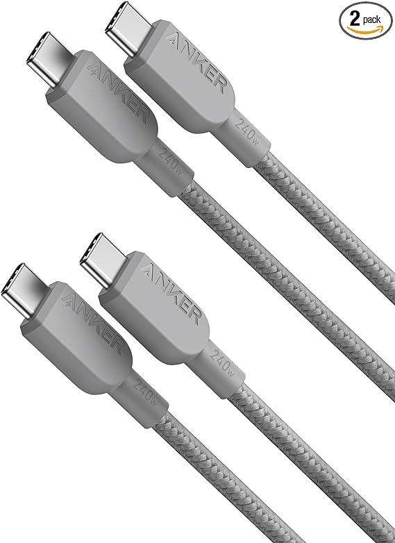 Anker 240W USB C to USB C Cable (2Pack,3ft), USB C Charger Cable Fast Charge for iPhone 15, MacBook Pro 2020, iPad Pro 2020, iPad Air 4, Samsung Galaxy S23 /S23 Ultra(USB 2.0, Grey)