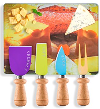 Cheese Knife & Board Set with 4 Knives & Cutting Board for Soft, Crumbly, Medium & Hard Cheese by Decodyne