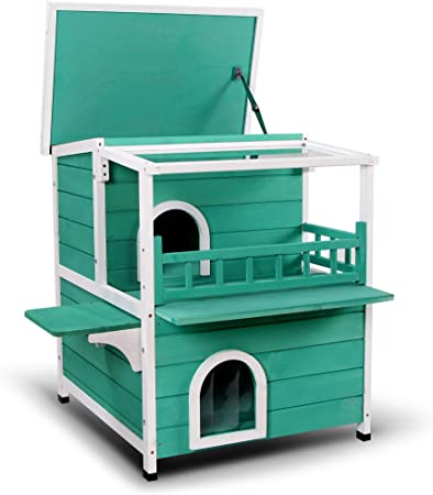 Lovupet 2-Story Weatherproof Wooden Outdoor/Indoor Luxurious Cat Shelter House Condo with Transparent PVC Canopy 0509
