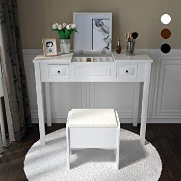 Vanity Set with Flip Top Mirror Study Writing Desk Makeup Dressing Table with 2 Drawers Cushioning Storage Stool Set, 3 Removable Organizers Easy Assembly in White